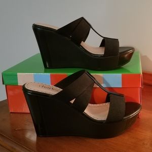 New Charles by Charles David Black Elastic-Patent Leather Platform Wedge Sandals